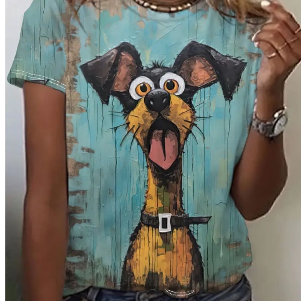 Scared Dog Print Blue Crew Neck T-shirt Short Sleeve Casual Top Surprised Funny